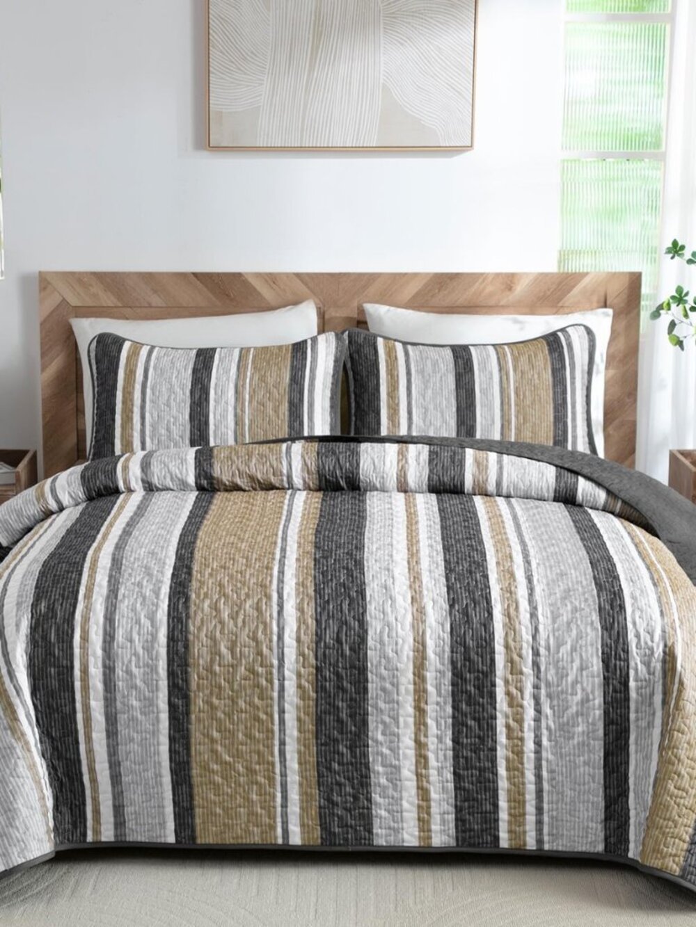 Full/Queen Quilt Set, Boho Striped Bedspread Coverlet Set, Khaki